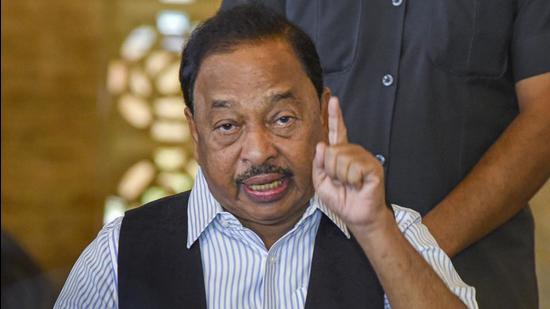 Union minister Narayan Rane addresses a press conference at his residence at Juhu in Mumbai on August 25. (PTI)