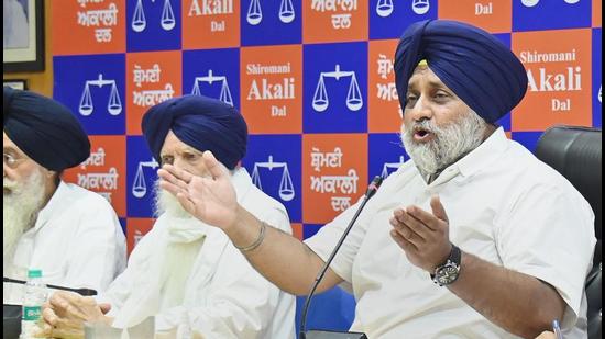 Shiromani Akali Dal chief Sukhbir Singh Badal addresses a press conference in Chandigarh on September 3. (PTI) Shiromani Akali Dal chief Sukhbir Singh Badal addresses a press conference in Chandigarh on September 3. (PTI)