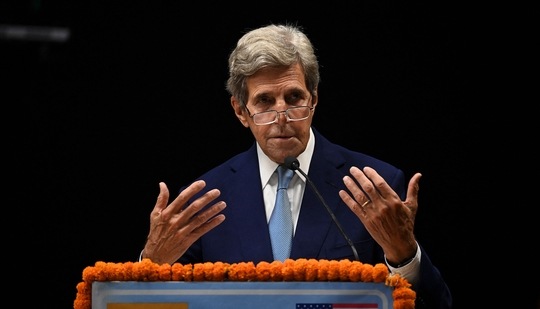 US Special Presidential Envoy for Climate John Kerry gestures as he speaks during the launch of Climate Action and Finance Mobilisation Dialogue (CAFMD) as part of the US-India Agenda 2030 partnership, in New Delhi(AFP)