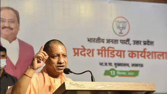 Uttar Pradesh chief minister Yogi Adityanath addressing a BJP media workshop in Lucknow on Monday. (SOURCED IMAGE)