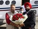Uttarakhand minister of soldier welfare Ganesh Joshi (L) welcomes the newly-appointed governor of the state, Lieutenant-General Gurmit Singh (retd), at the Jollygrant airport in Dehradun. (File Photo / ANI) Uttarakhand minister of soldier welfare Ganesh Joshi (L) welcomes the newly-appointed governor of the state, Lieutenant-General Gurmit Singh (retd), at the Jollygrant airport in Dehradun. (File Photo / ANI)