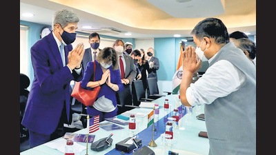 US special presidential envoy for climate John Kerry meets India's Minister of Power and New & Renewable Energy Raj Kumar Singh in New Delhi (REUTERS) US special presidential envoy for climate John Kerry meets India's Minister of Power and New & Renewable Energy Raj Kumar Singh in New Delhi (REUTERS)