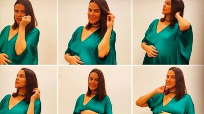 Neha Dhupia is the epitome of elegance in this simple yet stylish satin emerald gown. (Instagram/@nehadhupia)