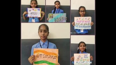 Students of BVM High School, Dugri, Ludhiana, showcasing their posters. (HT Photo) Students of BVM High School, Dugri, Ludhiana, showcasing their posters. (HT Photo)