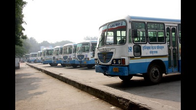 The roadways employees in Haryana held a symbolic two-hour protest on Tuesday in support of the indefinite strike of Punjab’s contractual employees who are demanding regularisation of jobs. (HT File)