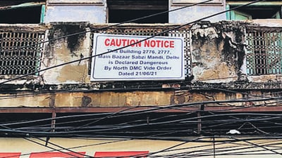 A notice put up by North Delhi Municipal Corporation on a building in Sabzi Mandi area, declaring it dangerous. A four-storey building in the area, near Robin Cinema, collapsed on Monday killing two children. (HT Photo) A notice put up by North Delhi Municipal Corporation on a building in Sabzi Mandi area, declaring it dangerous. A four-storey building in the area, near Robin Cinema, collapsed on Monday killing two children. (HT Photo)