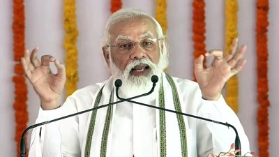 Prime Minister Narendra Modi addresses during the stone laying foundation ceremony of Raja Mahendra Pratap Singh University, in Aligarh on Tuesday.&nbsp; (ANI Photo)