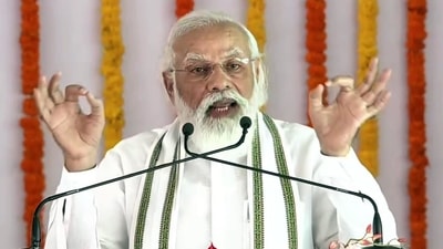 PM Narendra Modi addresses during the stone laying foundation ceremony of Raja Mahendra Pratap Singh University, in Aligarh on Tuesday.&nbsp; (ANI Photo)