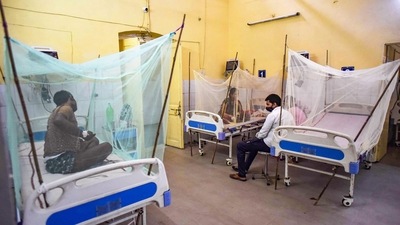 Dengue patients take rests under a mosquito net at the dengue ward of a Tej Bahadur Sapru Hospital in Prayagraj, Tuesday. (PTI) Dengue patients take rests under a mosquito net at the dengue ward of a Tej Bahadur Sapru Hospital in Prayagraj, Tuesday. (PTI)
