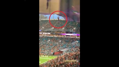 The video posted on Twitter shows cat dangling from a cable at Miami's Hard Rock Stadium during a college football game. (Twitter/@DannyWQAM) The video posted on Twitter shows cat dangling from a cable at Miami's Hard Rock Stadium during a college football game. (Twitter/@DannyWQAM)