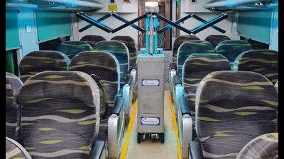 The robot is capable of disinfecting entire train compartment, including the most narrowest areas that are far from human reach, automatically. (sourced) The robot is capable of disinfecting entire train compartment, including the most narrowest areas that are far from human reach, automatically. (sourced)