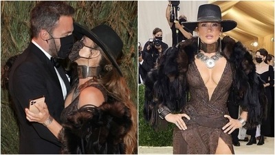 Jennifer Lopez dazzles in Ralph Lauren high-leg slit dress, cowgirl hat at Met Gala 2021 (Instagram) Jennifer Lopez dazzles in Ralph Lauren high-leg slit dress, cowgirl hat at Met Gala 2021 (Instagram)