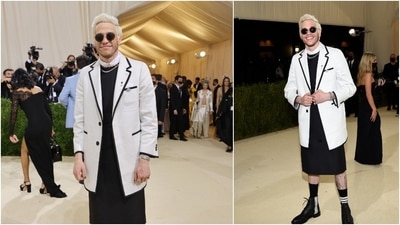 Comedian-actor Pete Davidson appeared on the fashion show wearing a longline Thom Browne suit and kilt. (AFP)