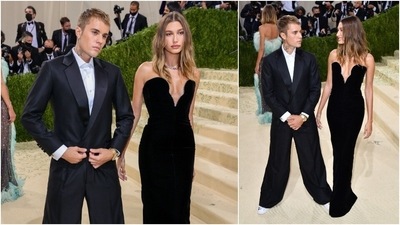 Twinning in black, Justin Bieber and Hailey Rhode Baldwin Bieber walked hand-in-hand at the Met Gala 2021. (AFP)