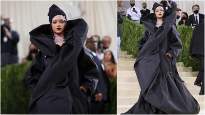 Met Gala queen, Rihanna, showed up late in a huge black Balenciaga look and hat accompanied by A$ap Rocky in a multicoloured quilted number. She wore over 267 carats of Bulgari diamonds, including two choker necklaces. (AFP)