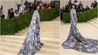 Yara Shahidi wore a silver custom Dior complete with a headpiece. She said she was inspired by Josephine Baker. (AFP)