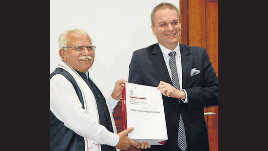 Haryana CM Manohar Lal Khattar with Ambassador of Poland to India Prof Adam Burakowski in Chandigarh on Tuesday. (HT Photo) Haryana CM Manohar Lal Khattar with Ambassador of Poland to India Prof Adam Burakowski in Chandigarh on Tuesday. (HT Photo)