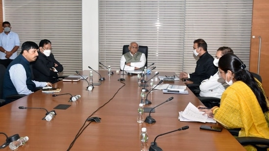 Gujarat Chief Minister Bhupendra Patel chairs a high-level meeting on the first day after assuming office to review the situation created due to heavy rains in Saurashtra, Jamnagar, and Rajkot, in Gandhinagar on September 13.(ANI)