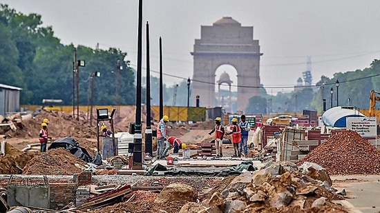 Construction work underway as part of the Central Vista Redevelopment Project in New Delhi on May 6, 2021. (PTI) Construction work underway as part of the Central Vista Redevelopment Project in New Delhi on May 6, 2021. (PTI)