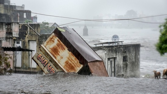 Waterlogged Ramnath Para area as heavy rains lash for the second consecutive day near Canal Road area, in Rajkot district on September 13.(PTI)