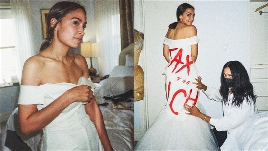 Alexandria Ocasio-Cortez grabs eyeballs for ‘Tax the Rich’ gown at Met Gala 2021(Instagram/onblast_la/aoc)