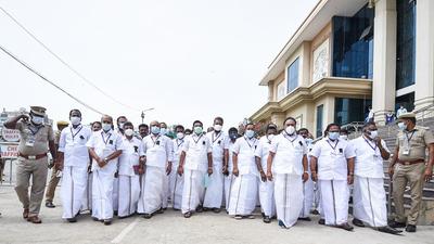 Leader of Opposition in the Tamil Nadu legislative assembly Edapaddi K. Palaniswami walks out with AIADMK MLAs sporting black badges over NEET suicides during the Budget Session at Kalaivanar Arangam in Chennai on September 13. (PTI) Leader of Opposition in the Tamil Nadu legislative assembly Edapaddi K. Palaniswami walks out with AIADMK MLAs sporting black badges over NEET suicides during the Budget Session at Kalaivanar Arangam in Chennai on September 13. (PTI)