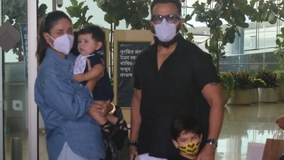 Kareena Kapoor and Saif Ali Khan, along with their children Taimur and Jehangir, at the Mumbai airport. (Varinder Chawla) Kareena Kapoor and Saif Ali Khan, along with their children Taimur and Jehangir, at the Mumbai airport. (Varinder Chawla)