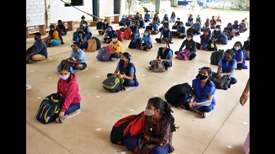 Karnataka, Sept 06 (ANI): Primary School students attend a class following COVID guidelines as schools reopened after more then one and half years, in Bengaluru on Monday. (ANI Photo) (Shashidhar Byrappa)