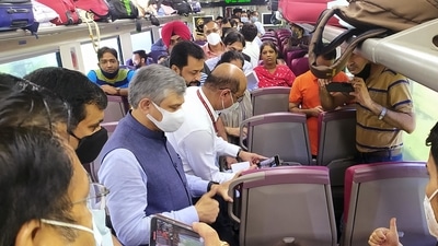 Union Railway Minister Ashwini Vaishnaw travels in Vande Bharat Express from Katra to Jammu and interacts with the passengers to know their traveling experience, in Jammu. (ANI Photo) (Shanky Rathore) Union Railway Minister Ashwini Vaishnaw travels in Vande Bharat Express from Katra to Jammu and interacts with the passengers to know their traveling experience, in Jammu. (ANI Photo) (Shanky Rathore)