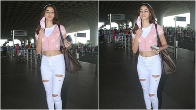 If you were looking for some inspiration to ramp up your airport wardrobe, then you should definitely bookmark Ananya's outfit. The actor was last seen in the film Khaali Peeli. (HT Photo/Varinder Chawla)