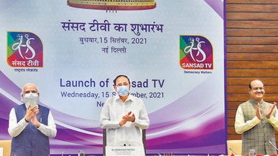 Prime Minister Narendra Modi, vice president M Venkaiah Naidu and Lok Sabha speaker Om Birla at the launch of Sansad TV, at Parliament House Annexe in New Delhi on Wednesday. (PTI) Prime Minister Narendra Modi, vice president M Venkaiah Naidu and Lok Sabha speaker Om Birla at the launch of Sansad TV, at Parliament House Annexe in New Delhi on Wednesday. (PTI)