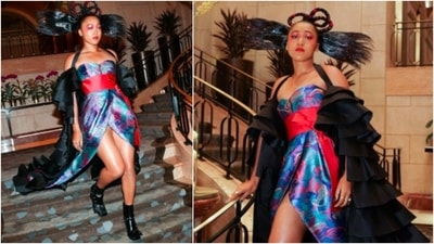 Naomi Osaka: Japanese tennis player Naomi Osaka picked a Louis Vuitton gown designed in collaboration with her sister, Mari Osaka. It was a swirly blue, aqua and purple print with long black ruffle sleeves and a wide red sash.&nbsp; (Instagram/@naomiosaka)