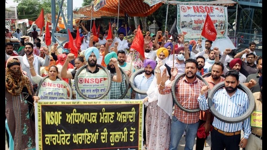 Chief minister Amarinder Singh’s hometown Patiala has become a protest hub in the last six months. In this file photo, members of the NSQF Vocational Teachers Union are taking part in a rally in the city. (PTI)