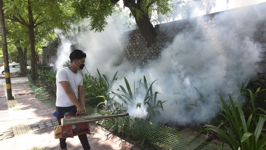 An MCD worker fumigates an area during the launch of a campaign on dengue, malaria and chikungunya prevention in New Delhi