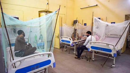 Dengue patients take rests under a mosquito net at the dengue ward of a Tej Bahadur Sapru Hospital in Prayagraj.(PTI)