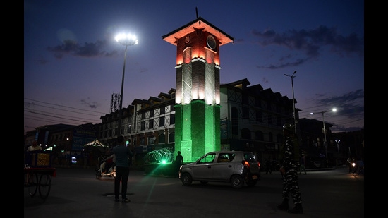 Illuminated Clock Tower (Ghanta Ghar) on the eve of 75th Independence Day, at Lal Chowk, in Srinagar on August 15, 2021 (Imran Nissar) Illuminated Clock Tower (Ghanta Ghar) on the eve of 75th Independence Day, at Lal Chowk, in Srinagar on August 15, 2021 (Imran Nissar)