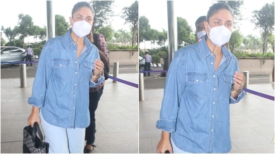 Kareena Kapoor looked as stylish as ever in her chic and comfortable airport ensemble. She chose a loose fitted button-up denim shirt and paired it with a lighter shade of baggy denim pants.(HT Photo/Varinder Chawla)