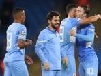 Manchester City's Bernardo Silva, Ruben Dias, Jack Grealish and Gabriel Jesus celebrate after the match