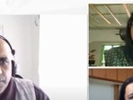 Leslie D'Monte (Tech Editor, Mint) in coversation with Ashwini Asokan (top right)- Co founder and CEO of Mad Street Den and Dr Geetha Manjunath (bottom right)- Founder and CEO of Niramai