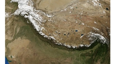 47 million years Before Present: The birth of the Himalayas. As the Indian Plate collides with the Eurasian Plate at the astonishing speed of 15 cm per year, the world’s highest peaks are formed. The plates continue to collide to this day, causing the Himalayas, including Mount Everest, to grow ever higher. (Landsat 7 Satellite / NASA) 47 million years Before Present: The birth of the Himalayas. As the Indian Plate collides with the Eurasian Plate at the astonishing speed of 15 cm per year, the world’s highest peaks are formed. The plates continue to collide to this day, causing the Himalayas, including Mount Everest, to grow ever higher. (Landsat 7 Satellite / NASA)