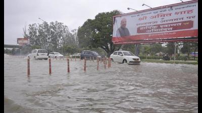 A view of waterlogging after heavy rain at Chaudhary Charan Singh International Airport, in Lucknow. (Deepak Gupta/HT Photo) A view of waterlogging after heavy rain at Chaudhary Charan Singh International Airport, in Lucknow. (Deepak Gupta/HT Photo)