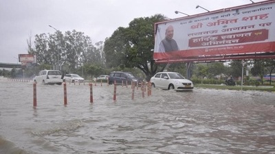 A view of waterlogging after heavy rain at Chaudhary Charan Singh International Airport, in Lucknow. (Deepak Gupta/HT Photo)