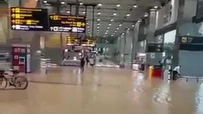 Waterlogging at Delhi’s Indira Gandhi International Airport on Saturday. (PTI)