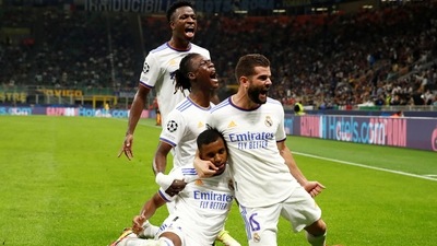 Real Madrid's Rodrygo celebrates scoring their first goal with teammates (REUTERS)