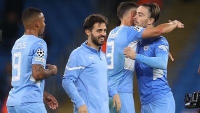 Manchester City's Bernardo Silva, Ruben Dias, Jack Grealish and Gabriel Jesus celebrate after the match (Action Images via Reuters)