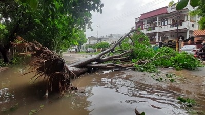Telecom services were disrupted as rain lashed several parts of Uttar Pradesh on Thursday. (HT Photo/Deepak Gupta)