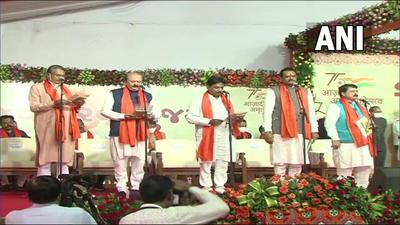 Swearing-in ceremony of the Gujarat cabinet at Raj Bhavan on Thursday. (ANI)