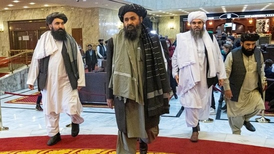 Mullah Abdul Ghani Baradar, the Taliban's deputy leader and negotiator, and other delegation members attend the Afghan peace conference in Moscow.(Reuters File Photo)
