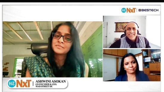 Ashwini Asokan, co-founder and CEO of Mad Street Den and Geeta Manjunath, founder and CEO of Niramai in conversation with Leslie D’Monte, executive editor, Mint.&nbsp;(Mint Print)