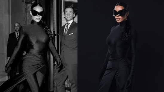Kim Kardashian dressed in an all-black ensemble for Justin Bieber's 2021 Met Gala after party. (Kim Kardashian/Instagram)